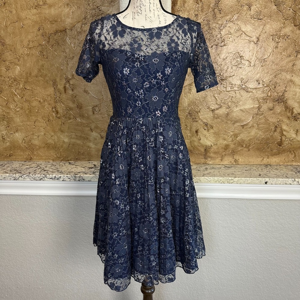 Betsey Johnson Fit Flare Dress Womens 4 Blue Floral Lace Metallic Open Back